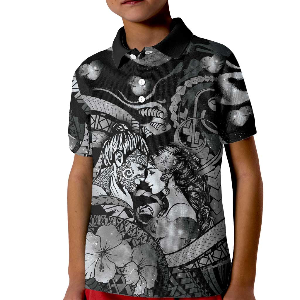 Personalised Maori Romantic Valentine Kid Polo Shirt The Hongi Kiss Black Galaxy DT05 Kid Black - Polynesian Pride