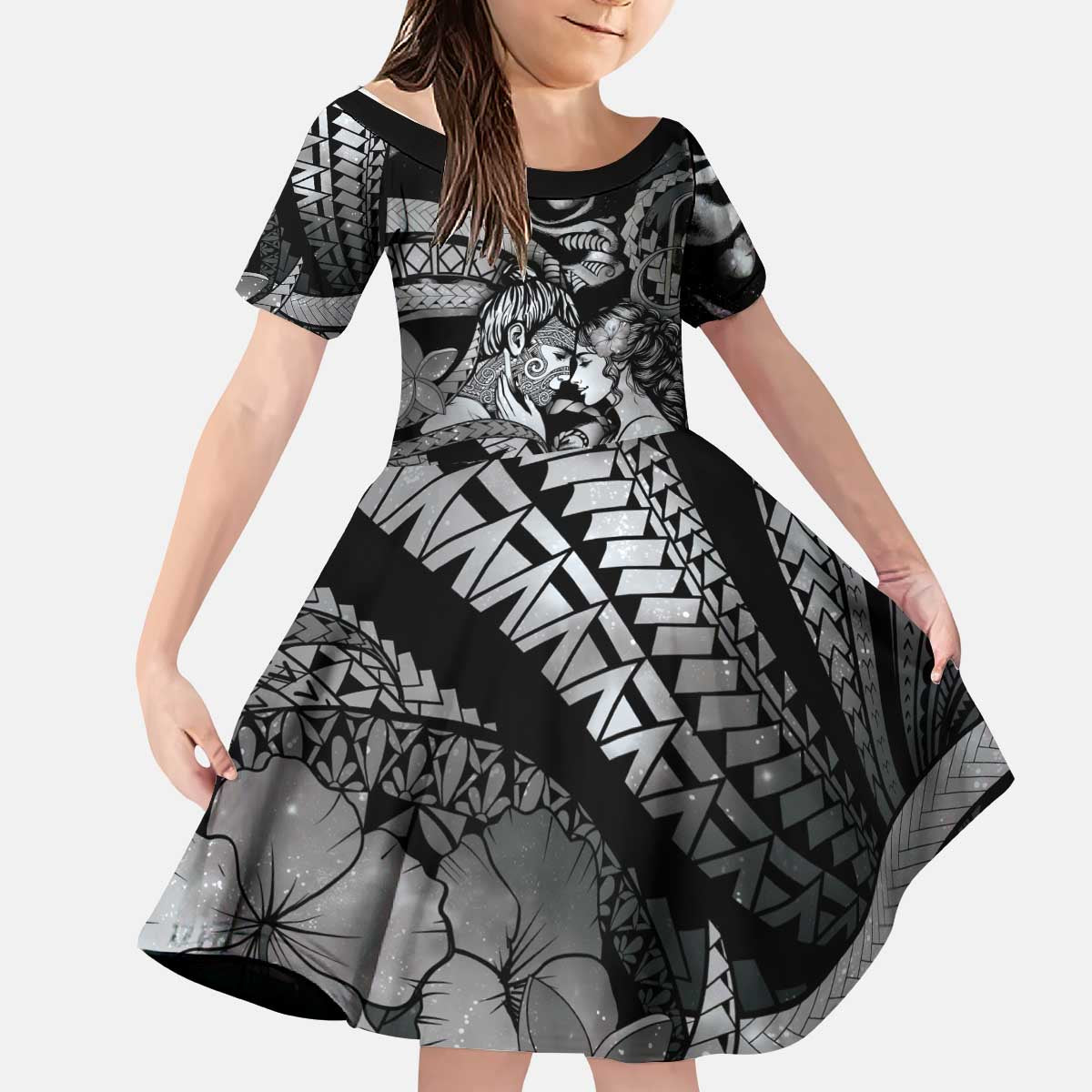Personalised Maori Romantic Valentine Kid Short Sleeve Dress The Hongi Kiss Black Galaxy