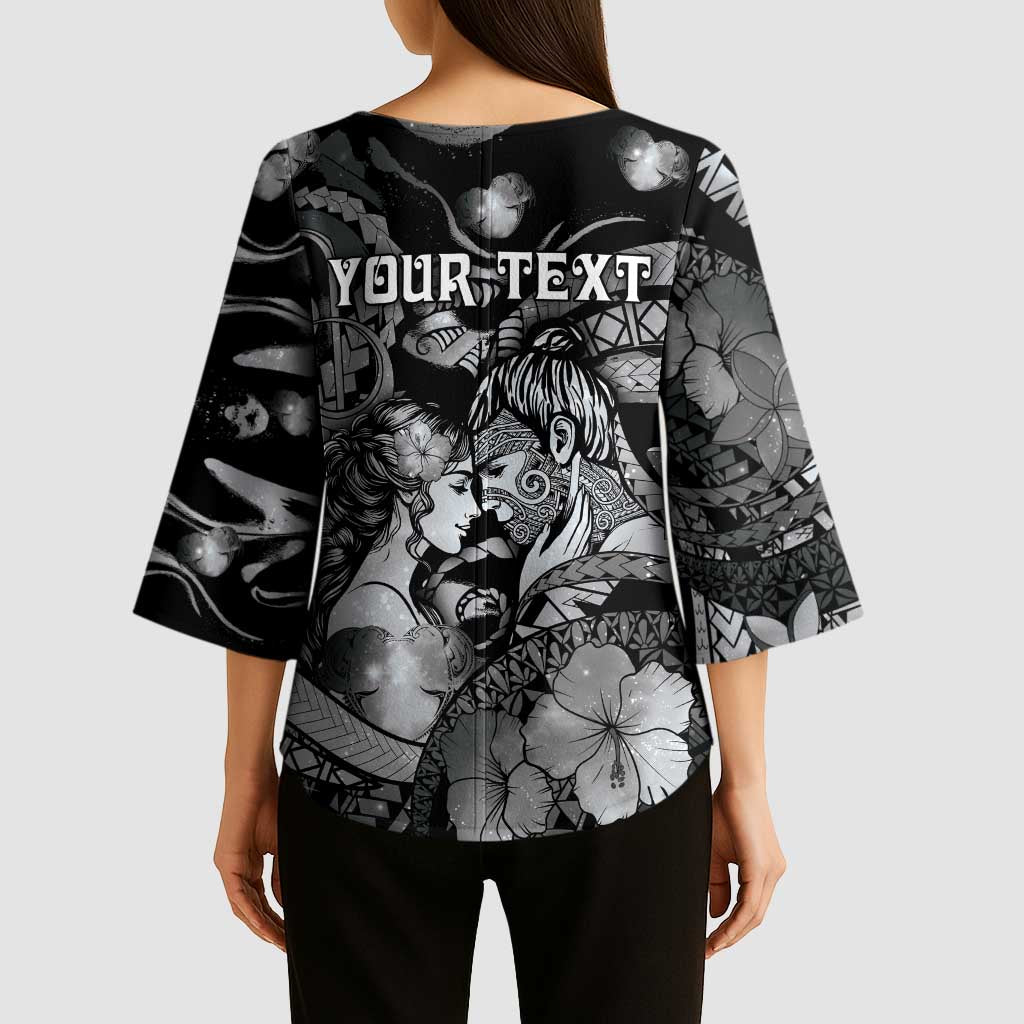 Personalised Maori Romantic Valentine Kimono Sleeve Blouse The Hongi Kiss Black Galaxy