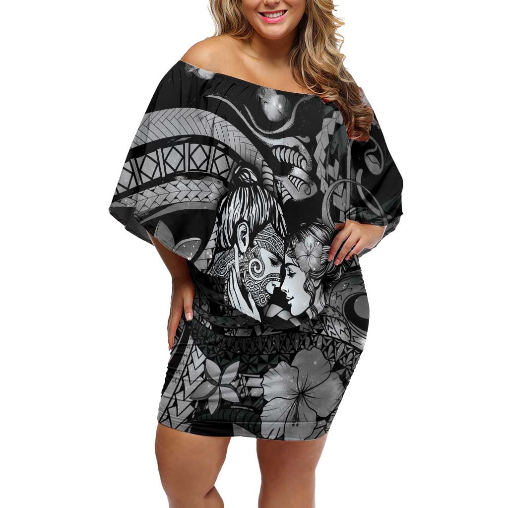 Personalised Maori Romantic Valentine Off Shoulder Short Dress The Hongi Kiss Black Galaxy DT05 Women Black - Polynesian Pride