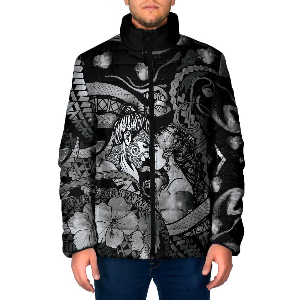 Personalised Maori Romantic Valentine Padded Jacket The Hongi Kiss Black Galaxy