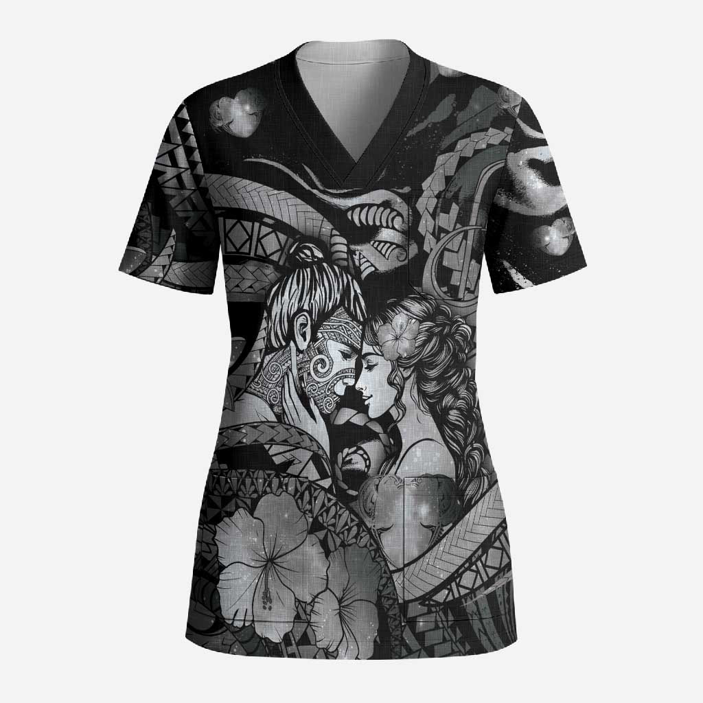 Personalised Maori Romantic Valentine Scrub Top The Hongi Kiss Black Galaxy DT05 Adult Black - Polynesian Pride