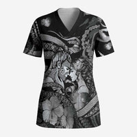 Personalised Maori Romantic Valentine Scrub Top The Hongi Kiss Black Galaxy DT05 Adult Black - Polynesian Pride