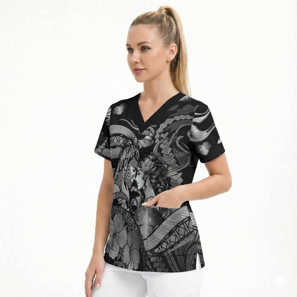 Personalised Maori Romantic Valentine Scrub Top The Hongi Kiss Black Galaxy DT05 - Polynesian Pride