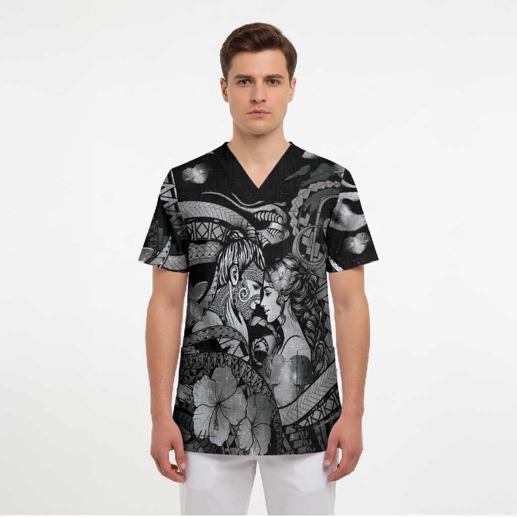 Personalised Maori Romantic Valentine Scrub Top The Hongi Kiss Black Galaxy DT05 - Polynesian Pride