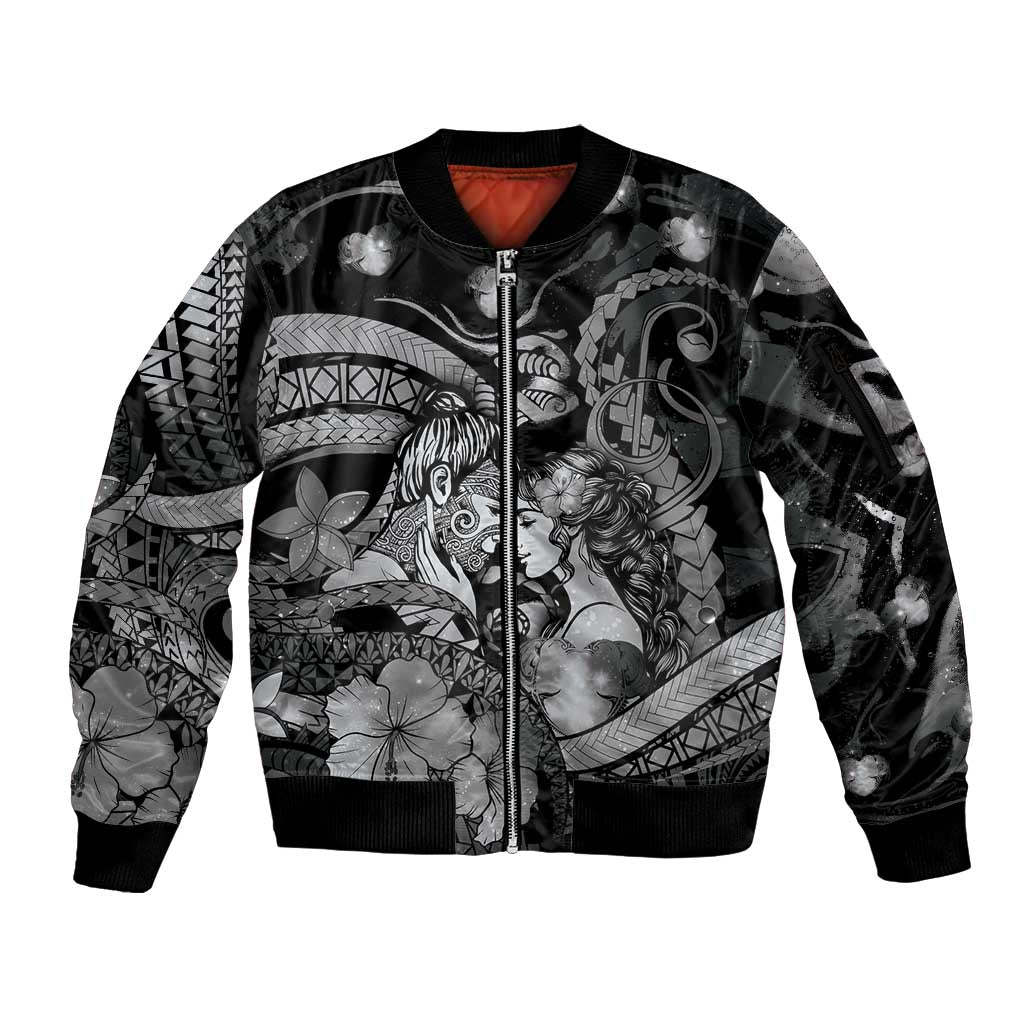 Personalised Maori Romantic Valentine Sleeve Zip Bomber Jacket The Hongi Kiss Black Galaxy