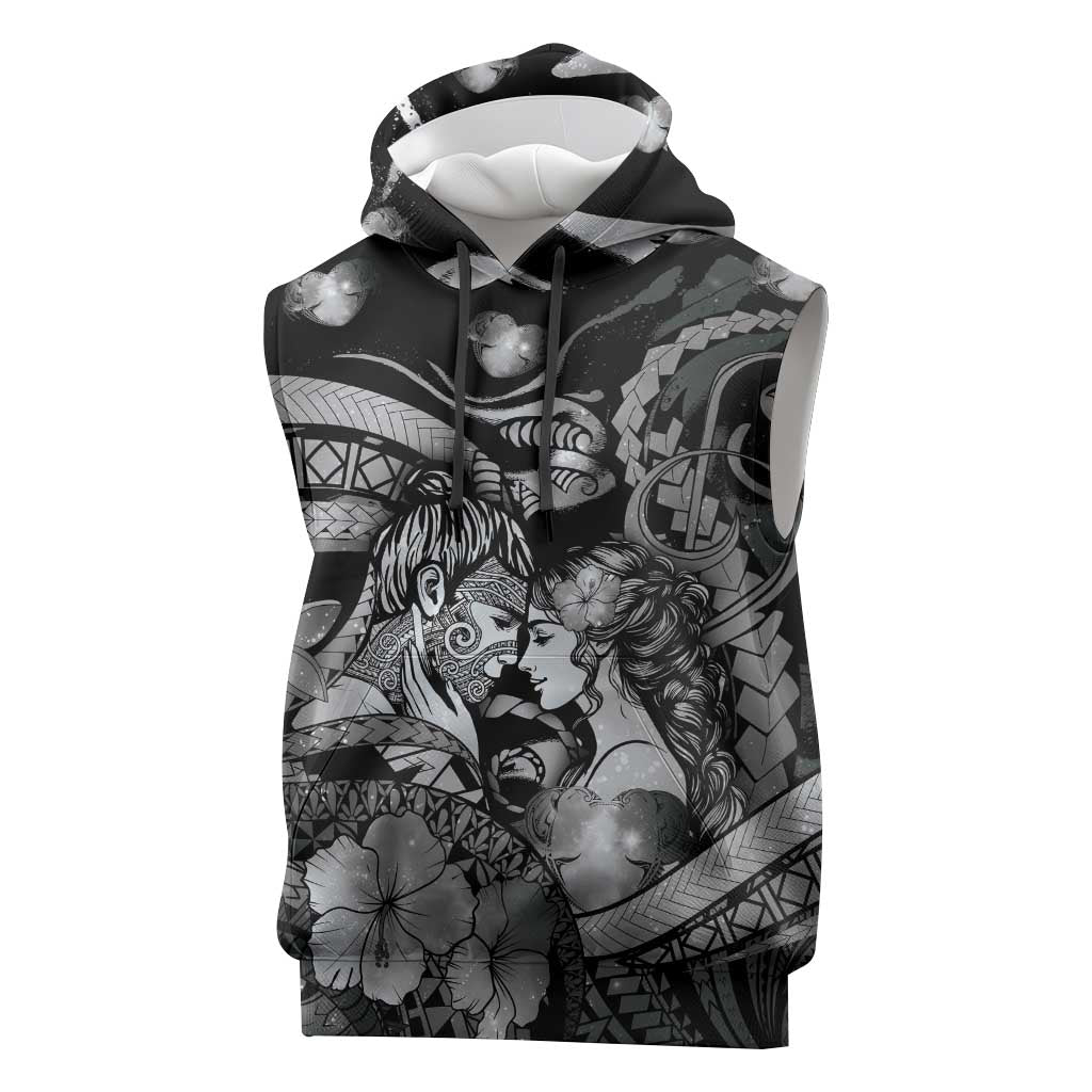 Personalised Maori Romantic Valentine Sleeveless Hoodie The Hongi Kiss Black Galaxy