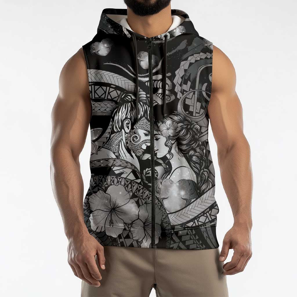 Personalised Maori Romantic Valentine Sleeveless Zip Hoodie The Hongi Kiss Black Galaxy