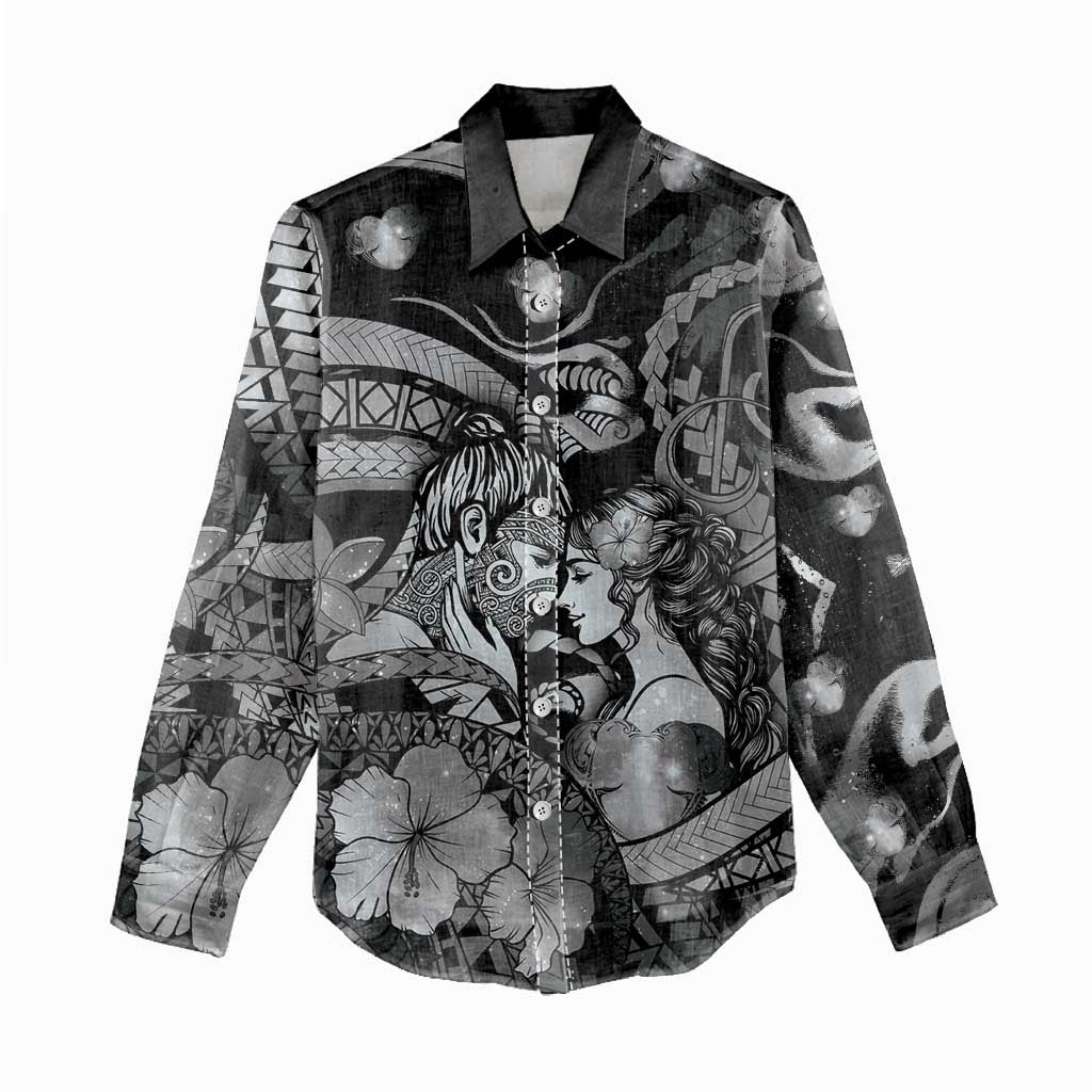 Personalised Maori Romantic Valentine Women Casual Shirt The Hongi Kiss Black Galaxy