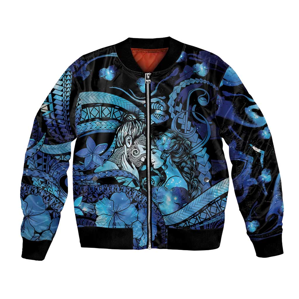 Personalised Maori Romantic Valentine Bomber Jacket The Hongi Kiss Blue Galaxy DT05 Unisex Blue - Polynesian Pride
