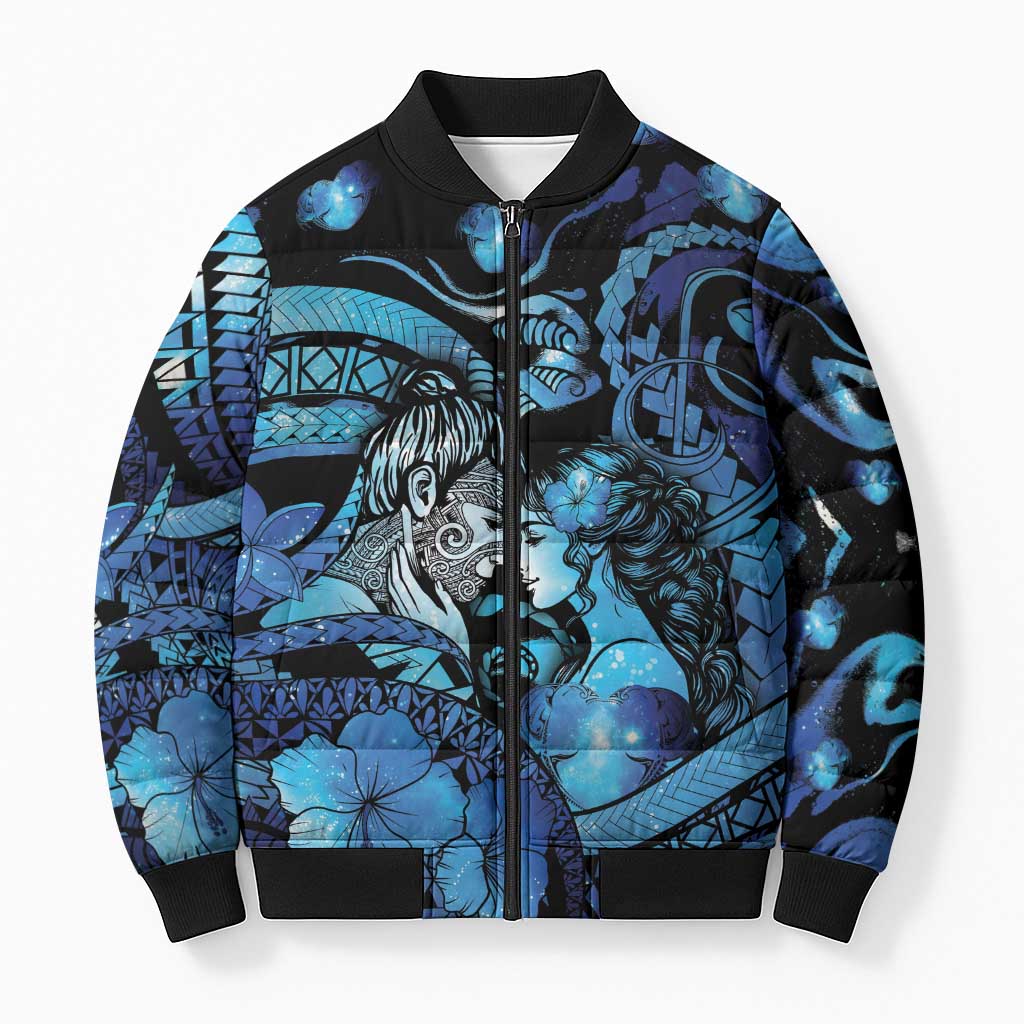 Personalised Maori Romantic Valentine Bomber Puffer Jacket The Hongi Kiss Blue Galaxy DT05 Unisex Blue - Polynesian Pride