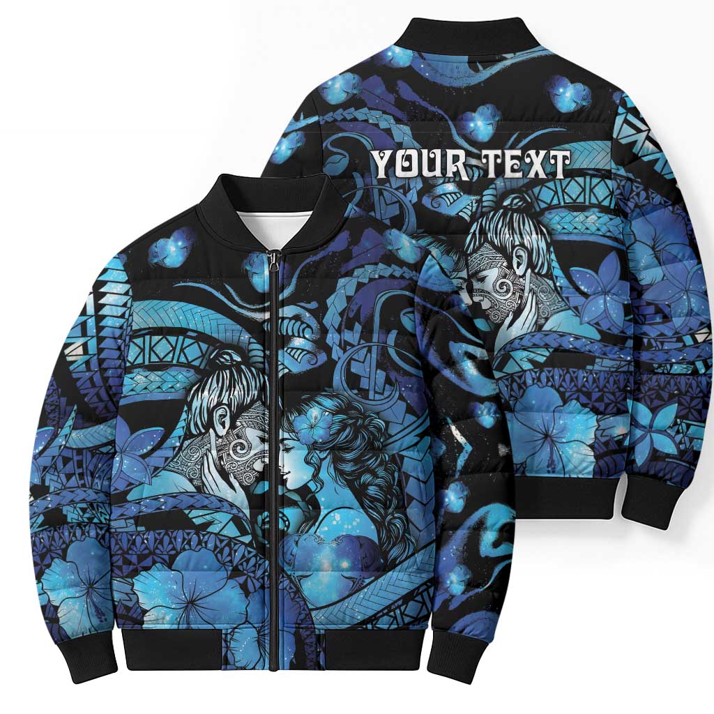 Personalised Maori Romantic Valentine Bomber Puffer Jacket The Hongi Kiss Blue Galaxy DT05 - Polynesian Pride