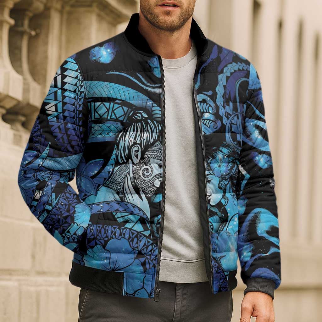Personalised Maori Romantic Valentine Bomber Puffer Jacket The Hongi Kiss Blue Galaxy DT05 - Polynesian Pride