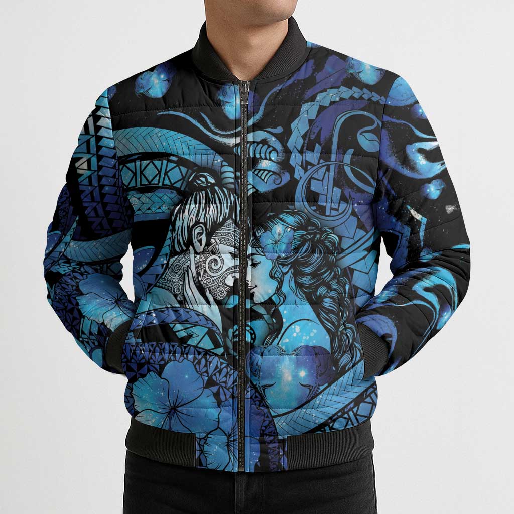 Personalised Maori Romantic Valentine Bomber Puffer Jacket The Hongi Kiss Blue Galaxy DT05 - Polynesian Pride