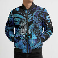 Personalised Maori Romantic Valentine Bomber Puffer Jacket The Hongi Kiss Blue Galaxy DT05 - Polynesian Pride