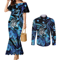 Personalised Maori Romantic Valentine Couples Matching Mermaid Dress and Long Sleeve Button Shirt The Hongi Kiss Blue Galaxy