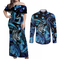 Personalised Maori Romantic Valentine Couples Matching Off Shoulder Maxi Dress and Long Sleeve Button Shirt The Hongi Kiss Blue Galaxy