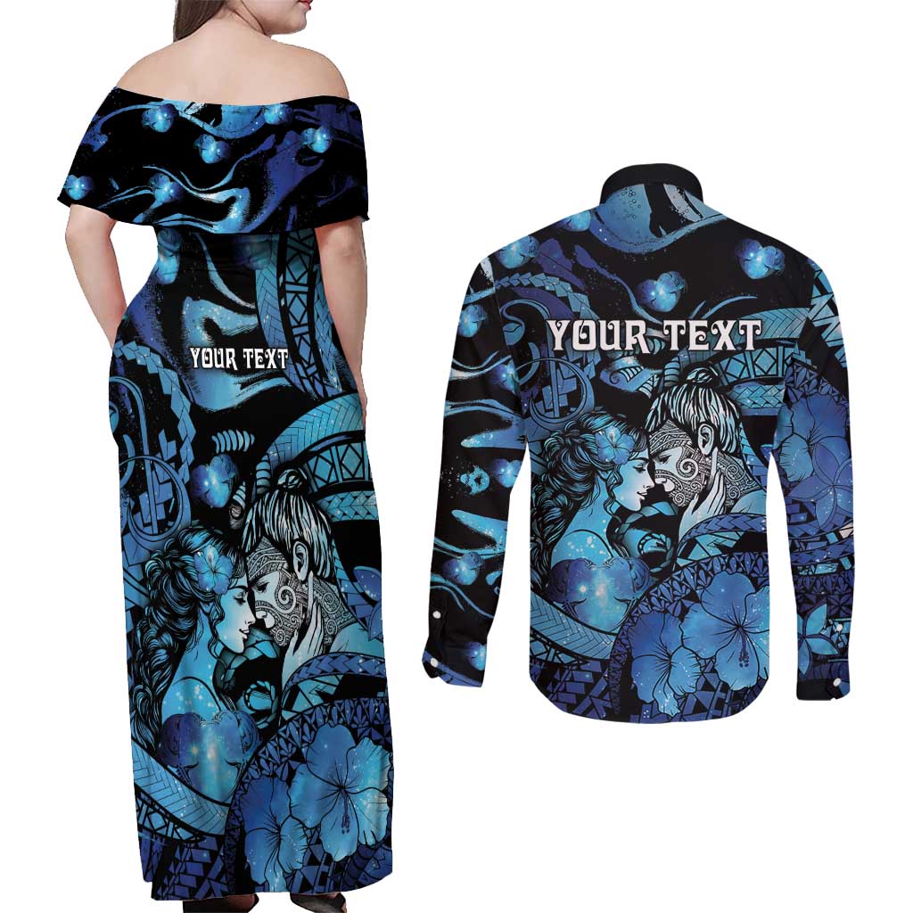 Personalised Maori Romantic Valentine Couples Matching Off Shoulder Maxi Dress and Long Sleeve Button Shirt The Hongi Kiss Blue Galaxy