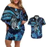 Personalised Maori Romantic Valentine Couples Matching Off Shoulder Short Dress and Hawaiian Shirt The Hongi Kiss Blue Galaxy