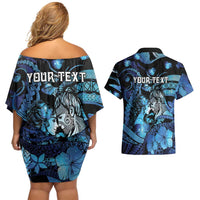 Personalised Maori Romantic Valentine Couples Matching Off Shoulder Short Dress and Hawaiian Shirt The Hongi Kiss Blue Galaxy