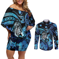 Personalised Maori Romantic Valentine Couples Matching Off Shoulder Short Dress and Long Sleeve Button Shirt The Hongi Kiss Blue Galaxy
