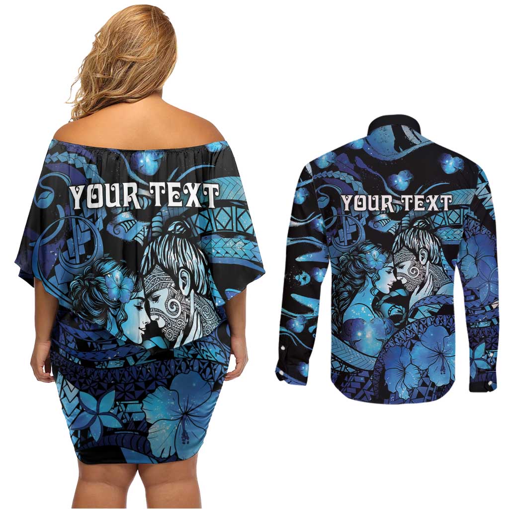 Personalised Maori Romantic Valentine Couples Matching Off Shoulder Short Dress and Long Sleeve Button Shirt The Hongi Kiss Blue Galaxy
