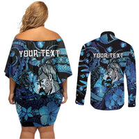 Personalised Maori Romantic Valentine Couples Matching Off Shoulder Short Dress and Long Sleeve Button Shirt The Hongi Kiss Blue Galaxy