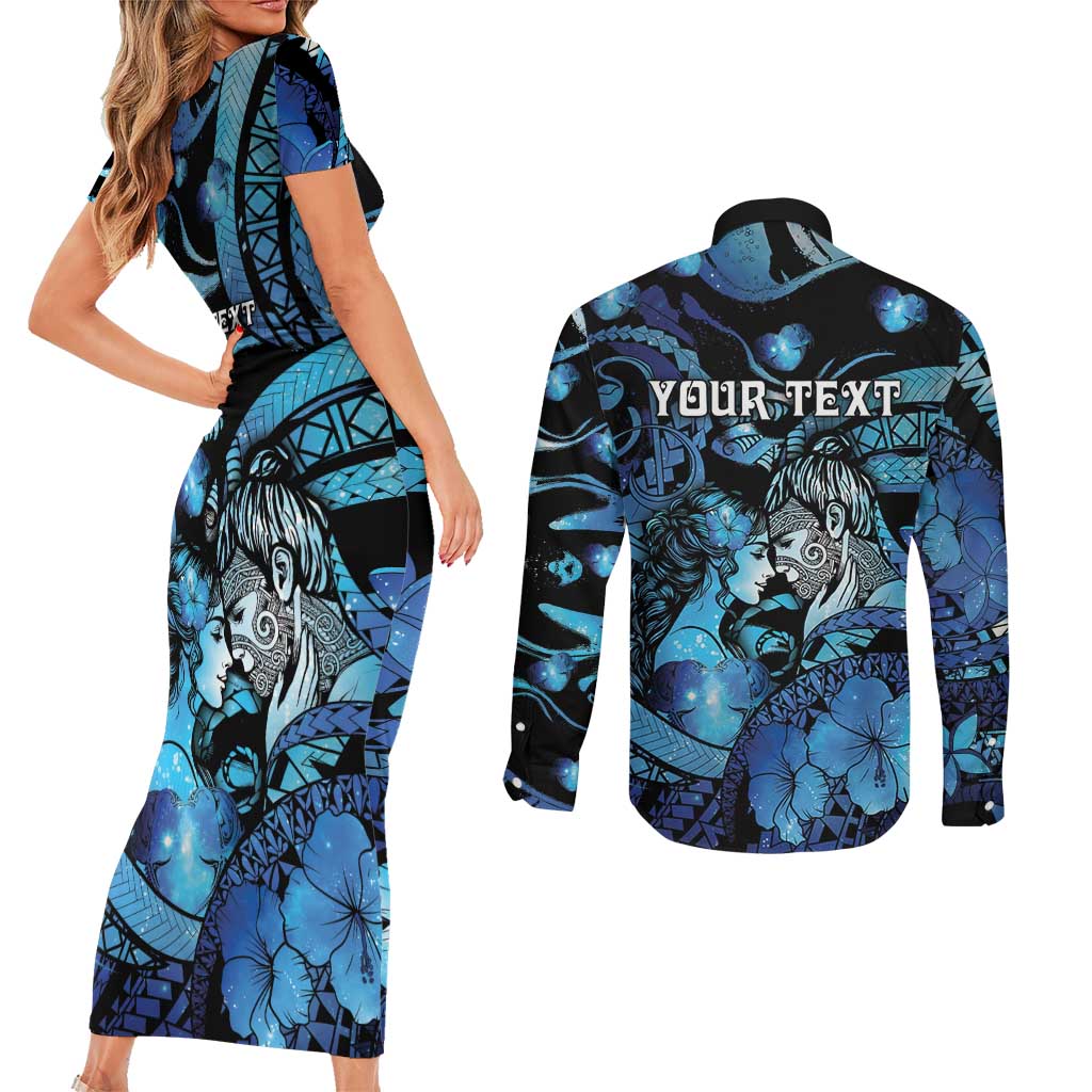 Personalised Maori Romantic Valentine Couples Matching Short Sleeve Bodycon Dress and Long Sleeve Button Shirt The Hongi Kiss Blue Galaxy