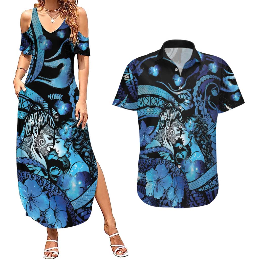 Personalised Maori Romantic Valentine Couples Matching Summer Maxi Dress and Hawaiian Shirt The Hongi Kiss Blue Galaxy