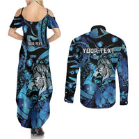Personalised Maori Romantic Valentine Couples Matching Summer Maxi Dress and Long Sleeve Button Shirt The Hongi Kiss Blue Galaxy