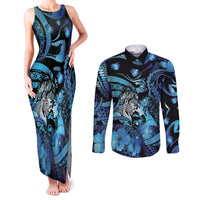 Personalised Maori Romantic Valentine Couples Matching Tank Maxi Dress and Long Sleeve Button Shirt The Hongi Kiss Blue Galaxy