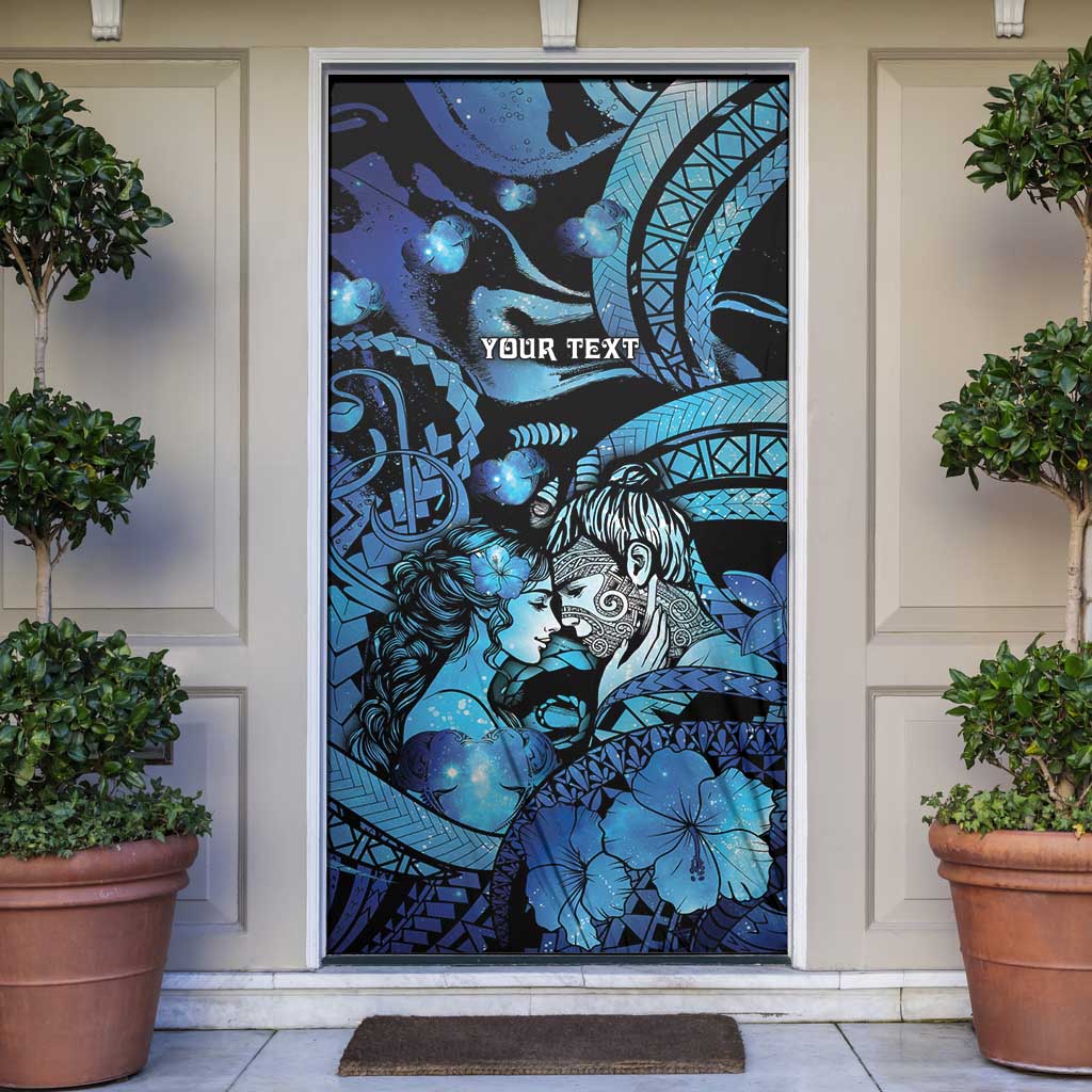 Personalised Maori Romantic Valentine Door Cover The Hongi Kiss Blue Galaxy DT05 Blue - Polynesian Pride