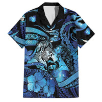 Personalised Maori Romantic Valentine Family Matching Long Sleeve Bodycon Dress and Hawaiian Shirt The Hongi Kiss Blue Galaxy