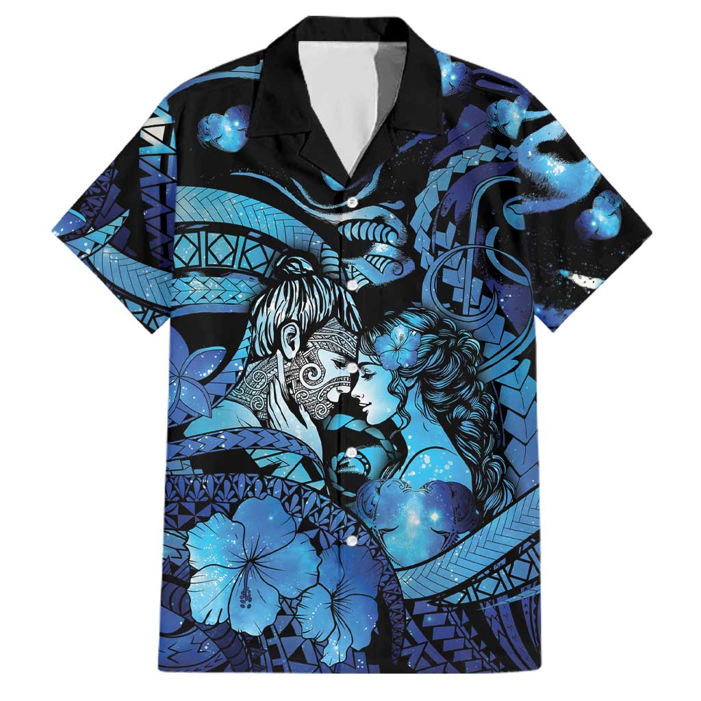 Personalised Maori Romantic Valentine Family Matching Off The Shoulder Long Sleeve Dress and Hawaiian Shirt The Hongi Kiss Blue Galaxy