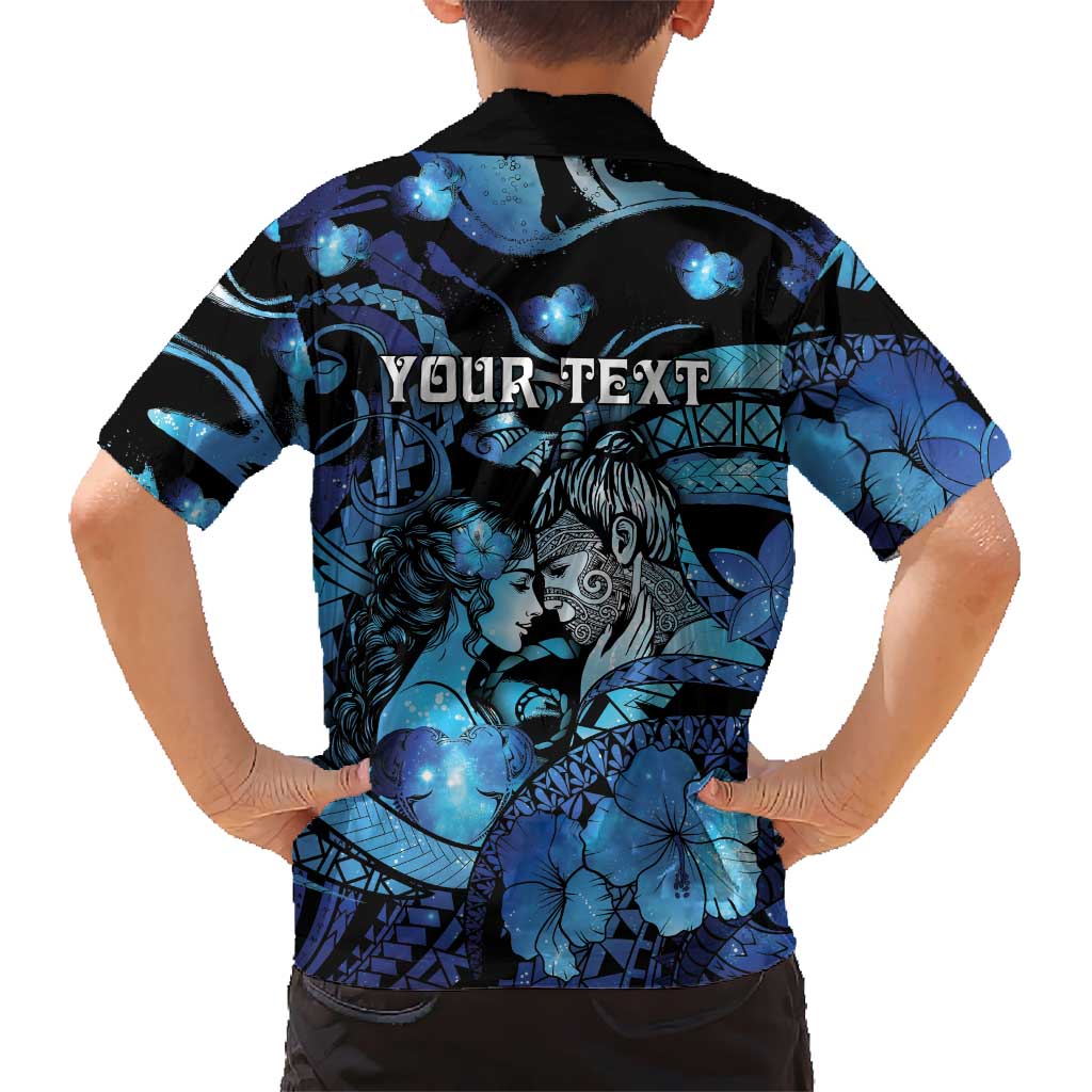 Personalised Maori Romantic Valentine Family Matching Off Shoulder Short Dress and Hawaiian Shirt The Hongi Kiss Blue Galaxy