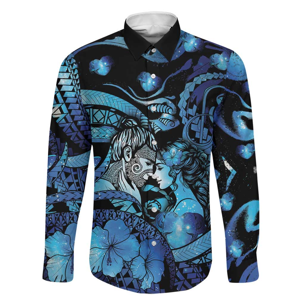 Personalised Maori Romantic Valentine Family Matching Off Shoulder Short Dress and Hawaiian Shirt The Hongi Kiss Blue Galaxy