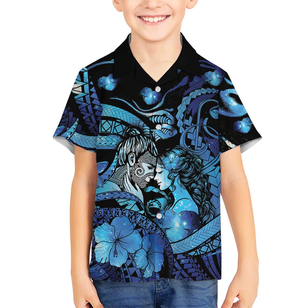 Personalised Maori Romantic Valentine Family Matching Off Shoulder Short Dress and Hawaiian Shirt The Hongi Kiss Blue Galaxy