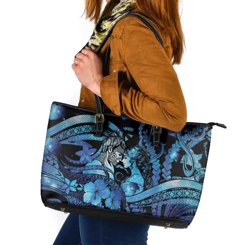 Maori Romantic Valentine Leather Tote Bag The Hongi Kiss Blue Galaxy DT05 Blue - Polynesian Pride