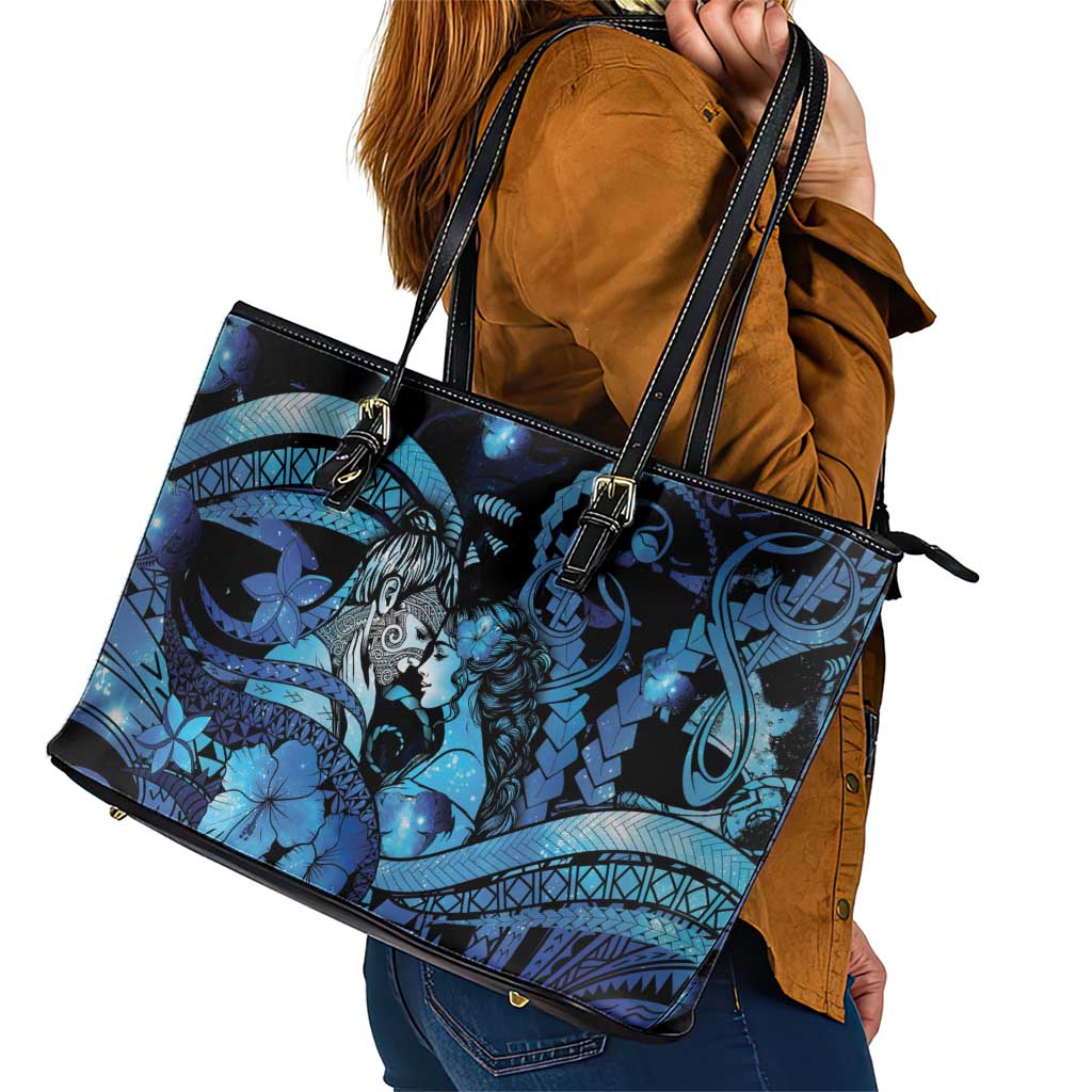 Maori Romantic Valentine Leather Tote Bag The Hongi Kiss Blue Galaxy DT05 - Polynesian Pride