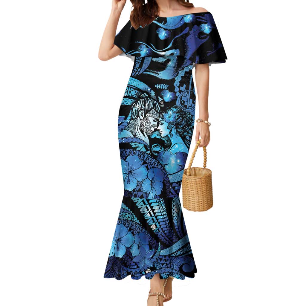Personalised Maori Romantic Valentine Mermaid Dress The Hongi Kiss Blue Galaxy DT05 Women Blue - Polynesian Pride