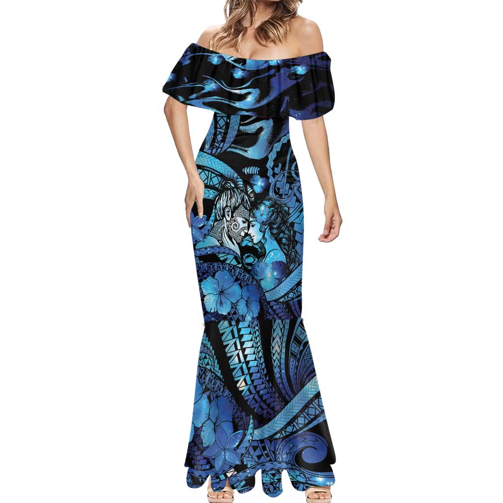 Personalised Maori Romantic Valentine Mermaid Dress The Hongi Kiss Blue Galaxy DT05 - Polynesian Pride