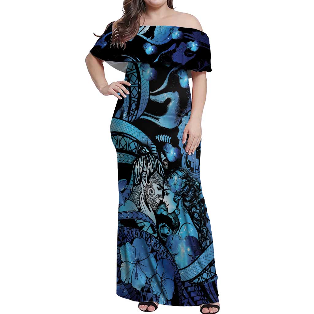 Personalised Maori Romantic Valentine Off Shoulder Maxi Dress The Hongi Kiss Blue Galaxy