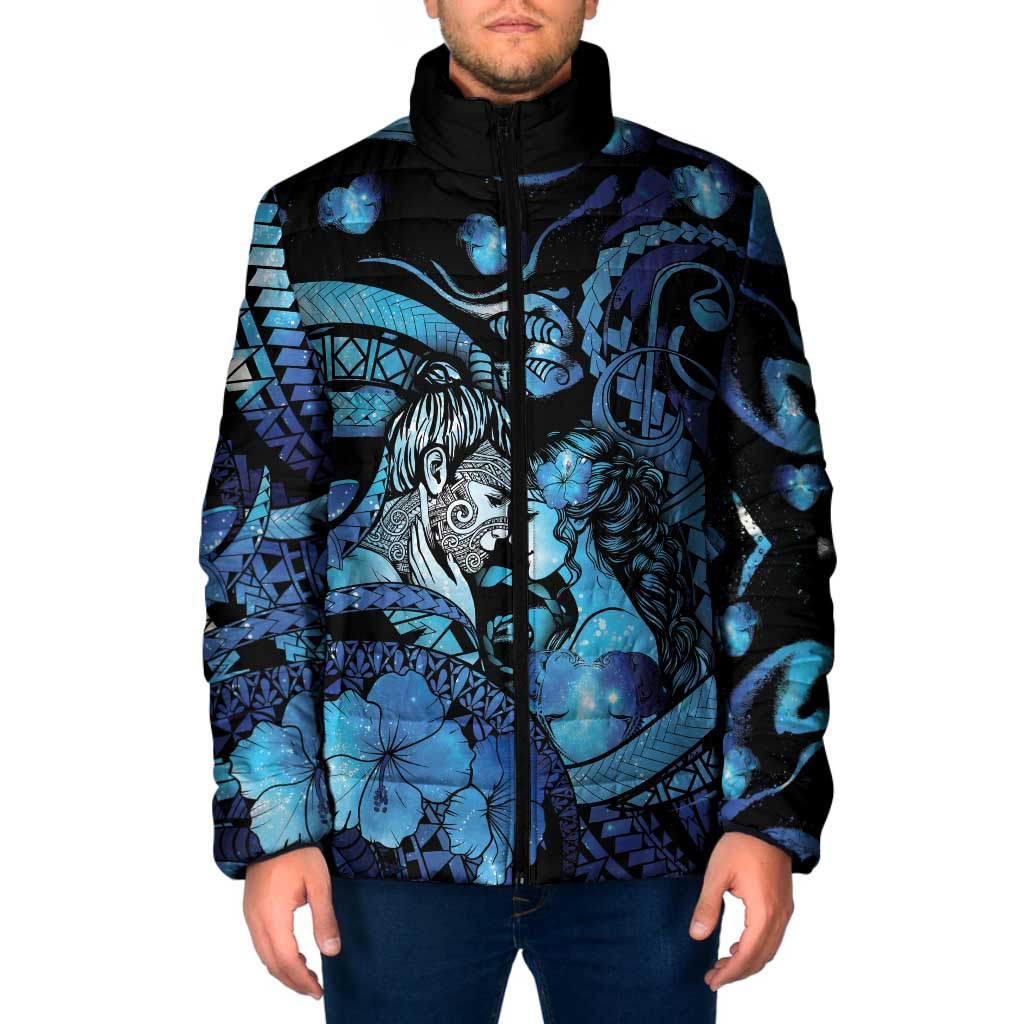 Personalised Maori Romantic Valentine Padded Jacket The Hongi Kiss Blue Galaxy DT05 Men Blue - Polynesian Pride