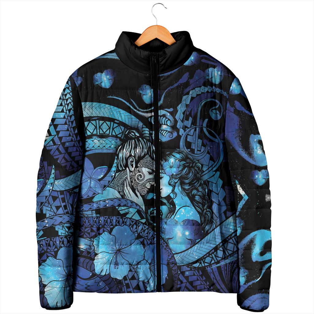 Personalised Maori Romantic Valentine Padded Jacket The Hongi Kiss Blue Galaxy DT05 - Polynesian Pride