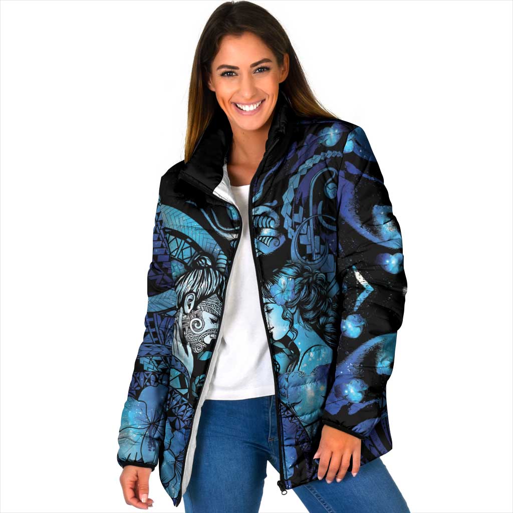 Personalised Maori Romantic Valentine Padded Jacket The Hongi Kiss Blue Galaxy DT05 Women Blue - Polynesian Pride