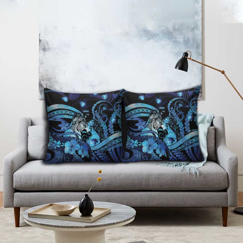 Maori Romantic Valentine Pillow Cover The Hongi Kiss Blue Galaxy