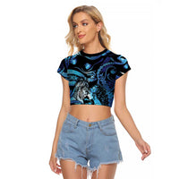 Personalised Maori Romantic Valentine Raglan Cropped T Shirt The Hongi Kiss Blue Galaxy DT05 Female Blue - Polynesian Pride
