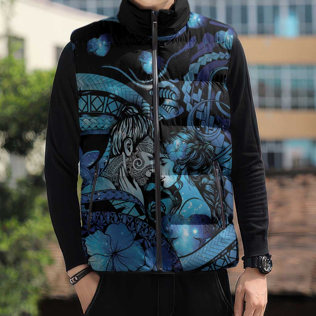 Personalised Maori Romantic Valentine Sleeveless Puffer Jacket The Hongi Kiss Blue Galaxy