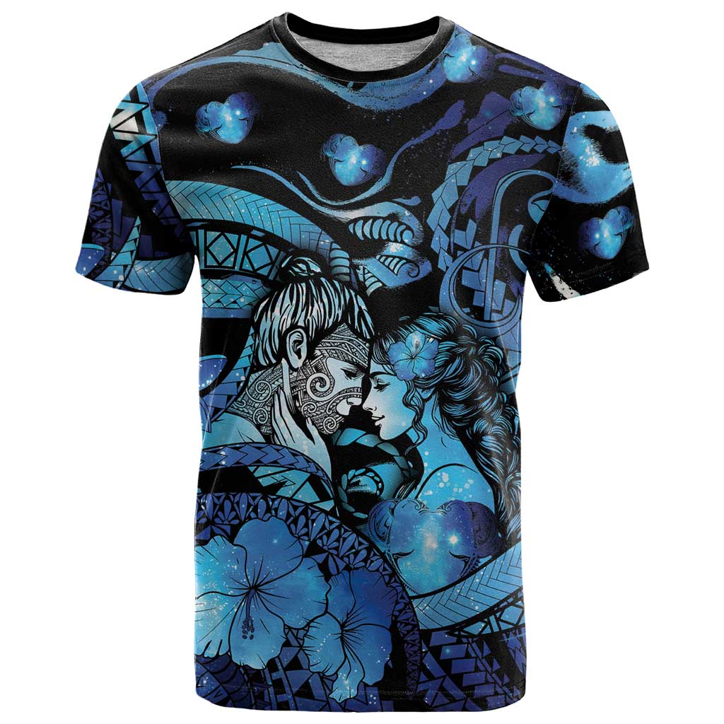 Personalised Maori Romantic Valentine T Shirt The Hongi Kiss Blue Galaxy