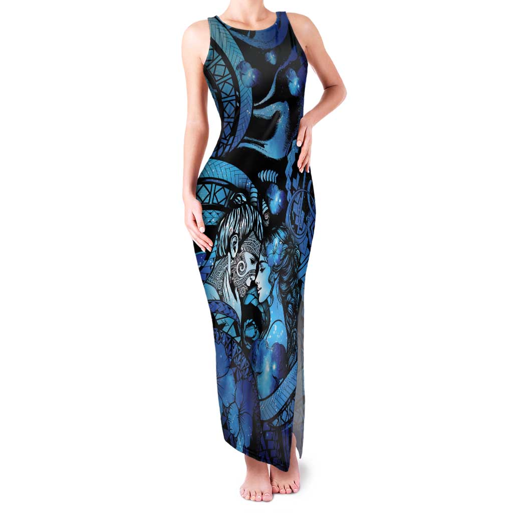 Personalised Maori Romantic Valentine Tank Maxi Dress The Hongi Kiss Blue Galaxy DT05 Women Blue - Polynesian Pride